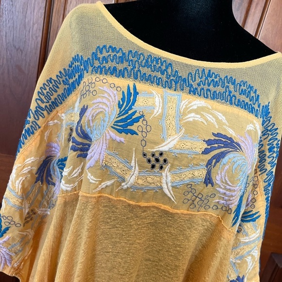Free People Love Letter Embroidered Linen Blend Poncho Top Tangerine Sz L $128 - Picture 6 of 12